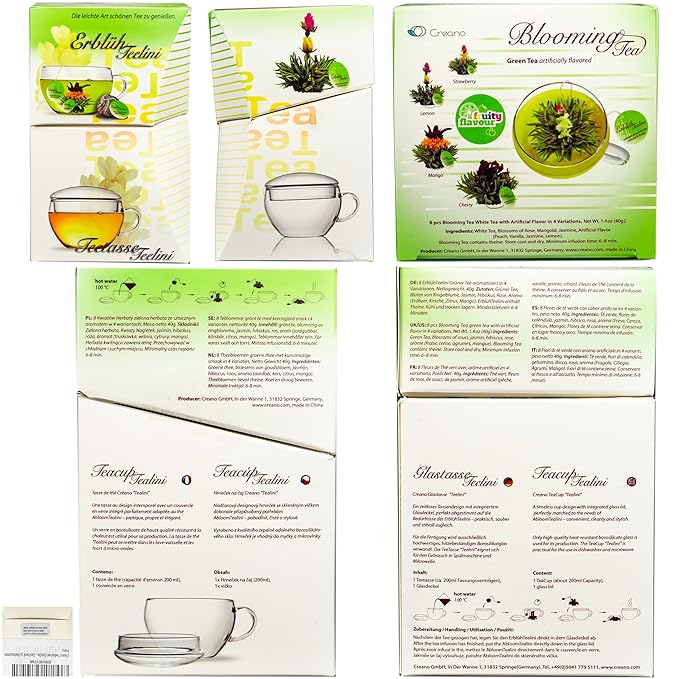 Creano Bloomning Tea Gift Set with Tea-Glass 7oz and 8 Tea-Flowers in Cup Size - Green Tea - Gift for Women, Mother, Tealovers - Bloomnest