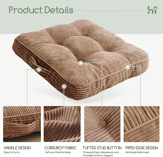 Washable Floor Pillow Cushion for Adults, Meditation Cushion Pillow, Large Square Floor Sitting, Removable Tufted Corduroy Cover, for Tatami Living Room or Yoga, 22x22 Inch, 2Pack, Machine Washable - Bloomnest