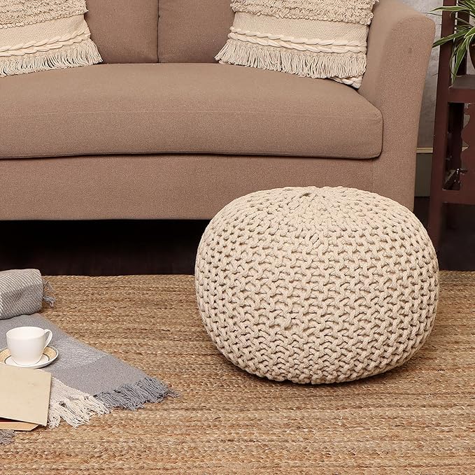 REDEARTH Round Pouf Ottoman –18"x18"x14" Hand-Knitted Cotton Pouffe –Cable Footstool –Boho Dori Hassock –Pre-Stuffed Poof – Extra Seat -Poofy Footrest for Living Room, Bedroom, Nursery, Nook –Ivory - Bloomnest