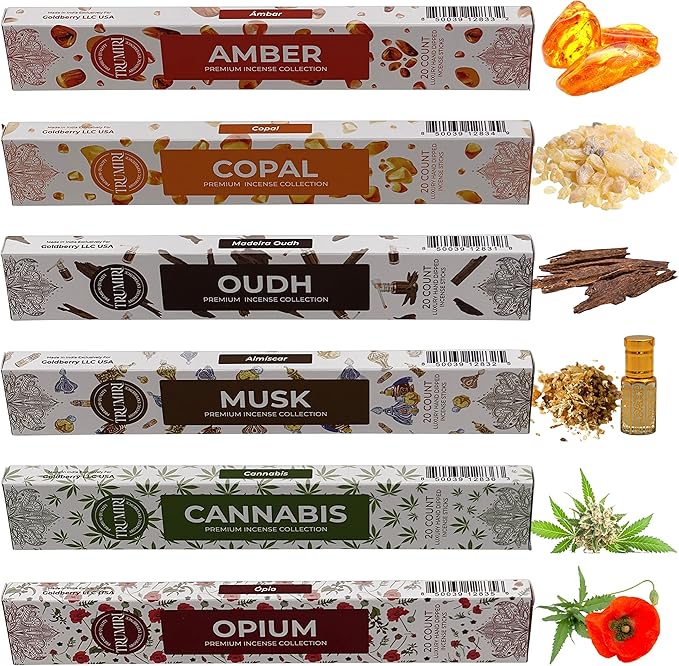 Exotic Incense Sticks Variety Pack - 120 Insence-Sticks (6 Incents x 20 Insense) - Copal Amber Oud (Agarwood) Musk - Natural Inscents-Sticks Non Toxic Incienso + Incense Holder for Men Women - Bloomnest
