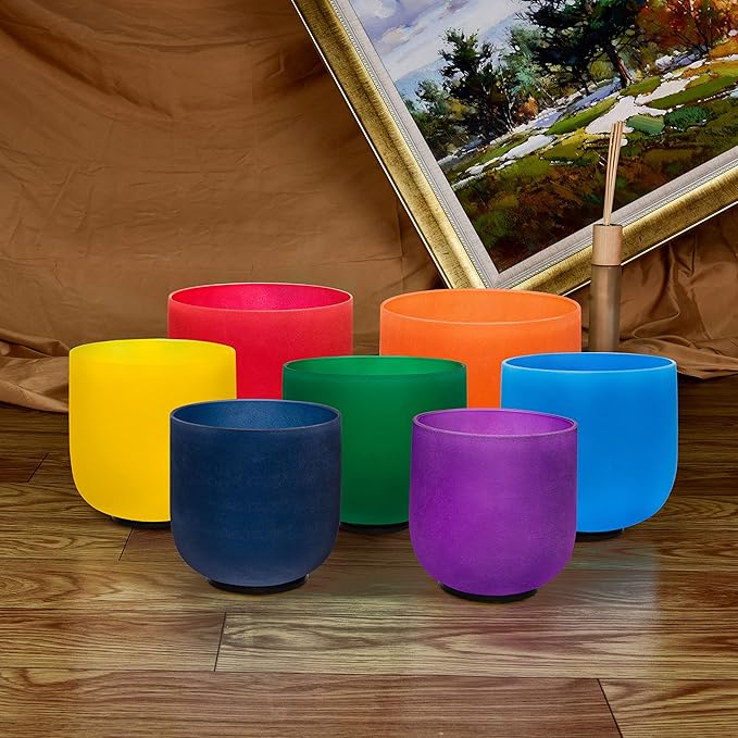 TOPFUND 440 Hz Chakra Set of 7 Color Crystal Singing Bowls 6-10 inch with Heavy Duty Carrying Cases and Singing Bowl Mallets - Bloomnest