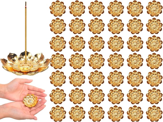 Layhit 60 Pcs Diwali Gifts Bulk Incense Holder 2.16 Inches/5.5 cm Return Gifts for Pooja Navratri Gold Lotus Incense Sticks Holder, Zinc Alloy Stick/Coil/Cone Anti Ash Spilling - Bloomnest