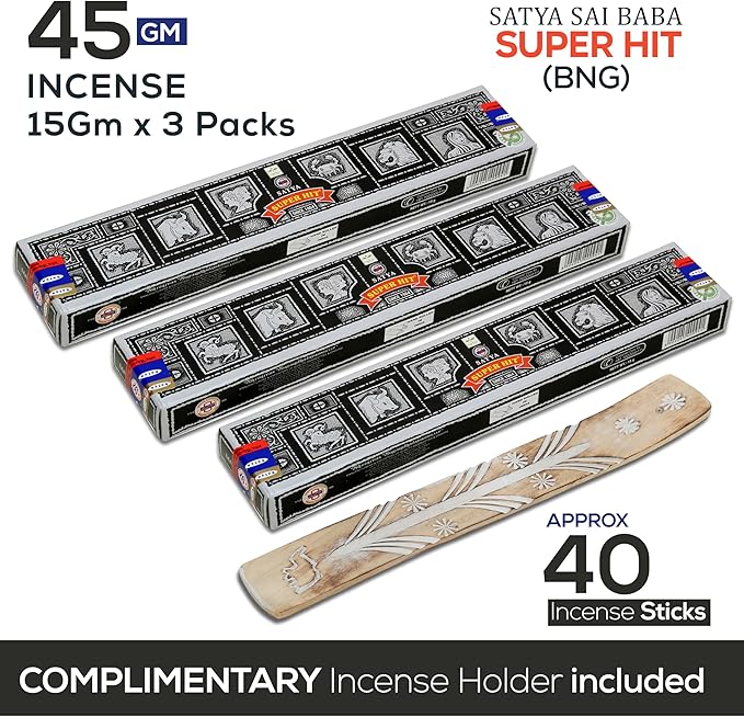 Satya Super Hit Incense Sticks, Satya Bng (Bangalore) 15gmx3 Pack (45 GMS) with Raajsee Insense Holder Bundle, Satya Nagchampa Natural - Bloomnest