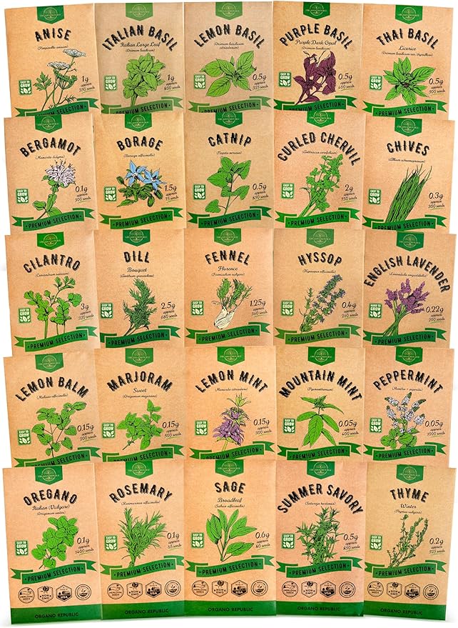 25 Most Popular Herb Seeds Variety Pack - 11,700 Non-GMO Heirloom Seeds for Planting Herbs in Individual Seed Packets for Hydroponic, Indoor & Outdoor Gardening - Bloomnest