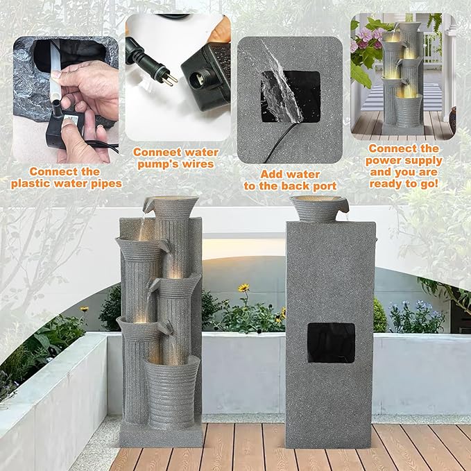 MAGIC UNION Outdoor Water Fountain, 5 Tiers Cascading Waterfall Indoor Water Feature Garden Decor with LED Lights, Patio Resin Fountains for Yard, Deck, Porch and Home, Bamboo Element (Light Gray) - Bloomnest