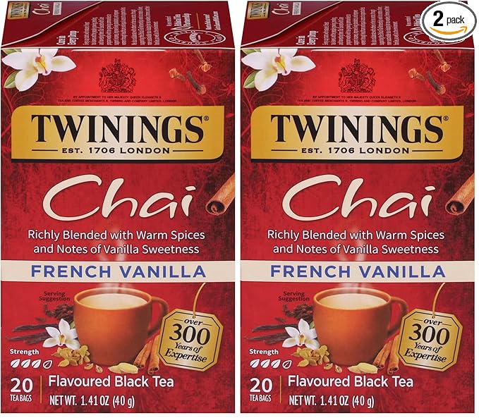 Twinings French Vanilla Chai Black Tea Individually Wrapped Bags, 20 Count (Pack of 2), Warm, Sweet & Spicy, Caffeinated, Enjoy Hot or Iced, 20 Teabags - Bloomnest