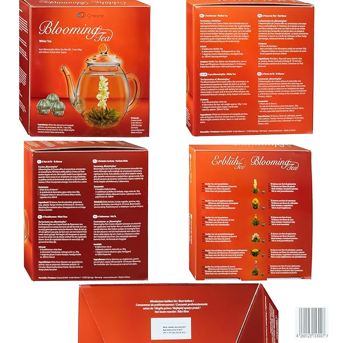 Creano Flowering Tea Gift Set - White Tea – 6 Blooming Tea with 17oz Glass Teapot - Bloomnest