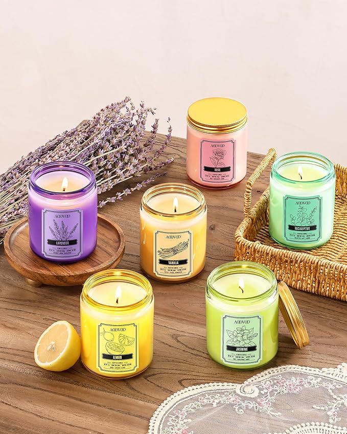 AOOVOO Scented Candles for Women - 6 Pack Colorful Jar Candle for Home Scented, 42oz Soy Candles, 300 Hours Burn Time, Aromatherapy Candles Gifts Set for Birthday - Bloomnest