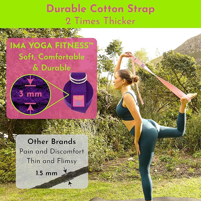 Adaptive Yoga Strap, Stretching Strap, 2 Inches Wide, 100% Naturally Soft Cotton, Steel D-Rings, Includes Natural Cotton Drawstring Storage Pouch and Instructional E-Book - Bloomnest