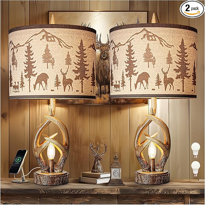 Scenekoy Antlers Style Table Lamp Set of 2 Rustic Bedside Lamp with Night Light Linen Fabric Shade Farmhouse Nightstand Lamps Decor for Living Room Bedroom House Home Office (Bulb Included) - Bloomnest