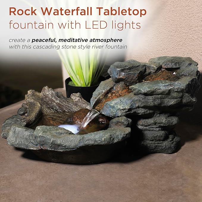 Alpine Corporation 20" Long Indoor/Outdoor River Rock Waterfall Tabletop Fountain with LED Lights - Bloomnest
