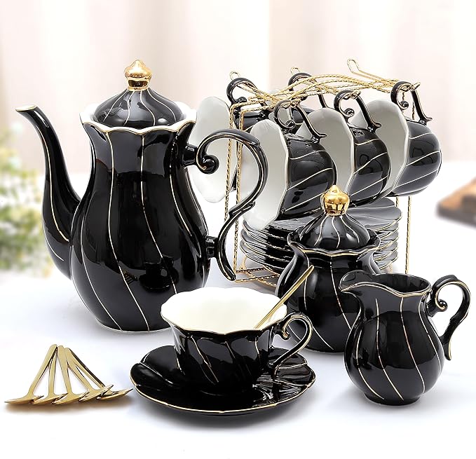 DUJUST 22 pcs Porcelain Tea Set for 6, Luxury British Style Tea/Coffee Cup Set with Golden Trim, Beautiful Tea Set for Women, Tea Party Set, Gift Package (Including a Stand) - Black - Bloomnest