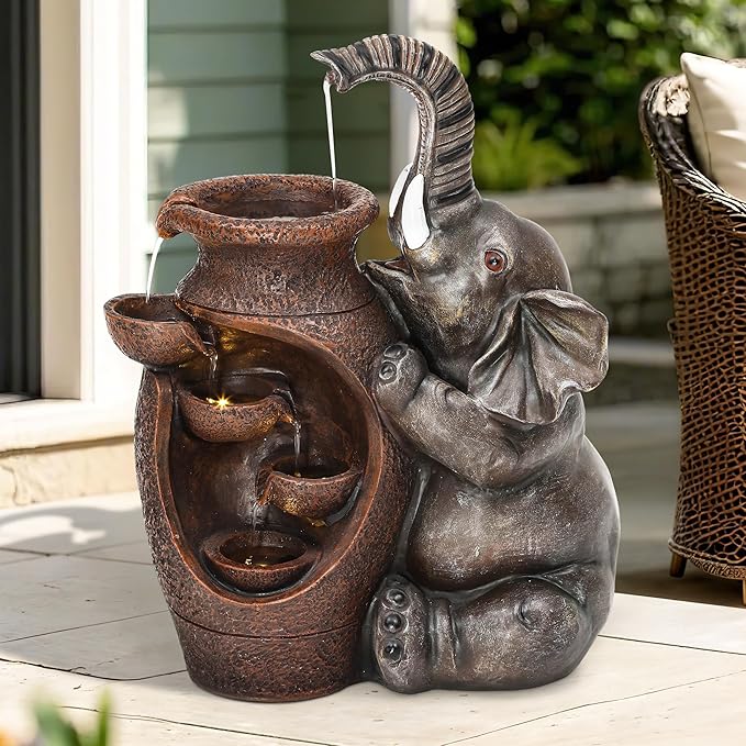 Elephant Outdoor Water Fountain with LED Lights and Pump, 18.9" Tall Resin Garden Waterfall Feature for Patio, Porch, Yard