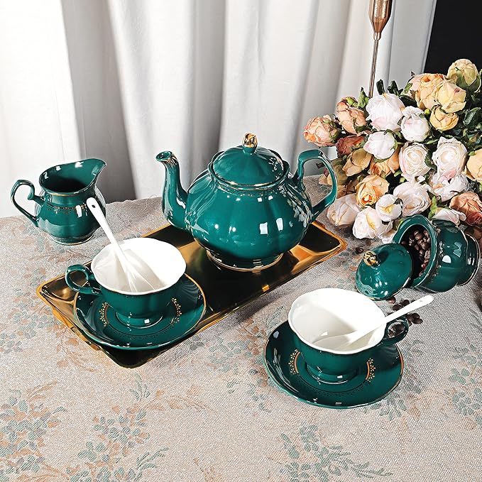 fanquare 21 Piece Vintage Porcelain Tea Set, Green with Gold Trim Fine China Tea Sets for Party, Teapot with Tea Cup and Saucers Set for 6, Christmas Gifts - Bloomnest