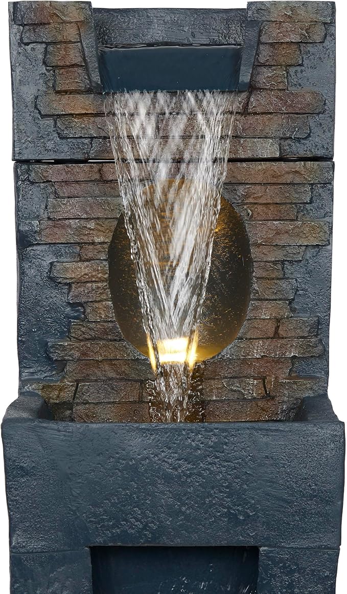 Alpine Corporation TZL398 40" Stone Wall Cascading Fountain with LED Lights, Elegant Outdoor Water Feature for Garden, Patio, Backyard & Home Decor, Relaxing Waterfall Fountain, Gray - Bloomnest