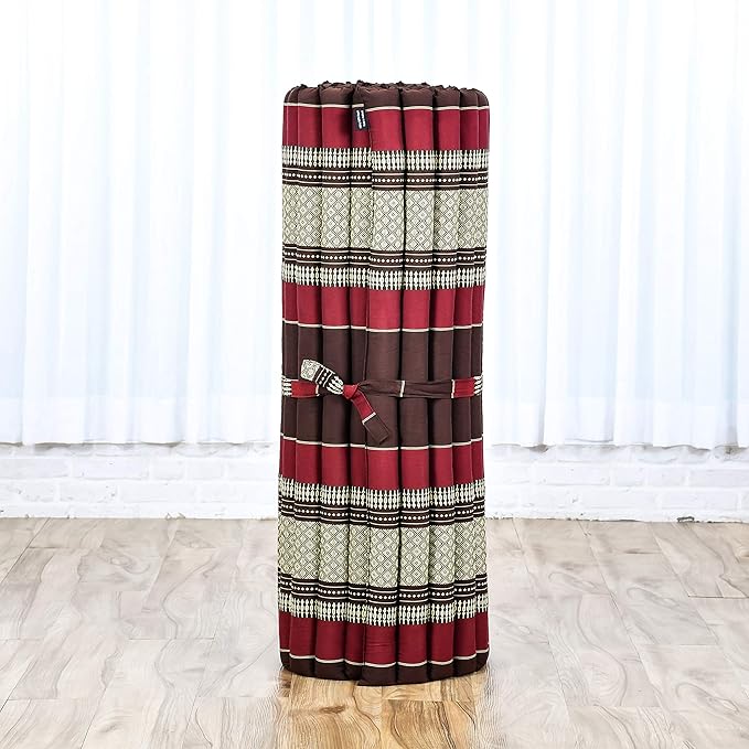 Leewadee - Kapok Roll Mat – Handcrafted Folding Sleep & Relaxation Mattress from Thailand, Ideal as Guest Bed, Camping Mat, Yoga Mat or Traditional Futon, 75 x 39 inches, Brown Red - Bloomnest