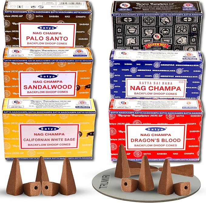 Nag Champa|Super Hit|Dragons Blood|Palo Santo|Sandalwood|Californian White Sage Variety Pack Backflow Incense Cones for Waterfall Aromatic Smoke Fountain Haze Falls and Mat Bundle - Pack of 6 TRUMIRI