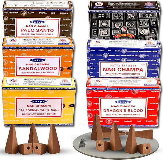 Nag Champa|Super Hit|Dragons Blood|Palo Santo|Sandalwood|Californian White Sage Variety Pack Backflow Incense Cones for Waterfall Aromatic Smoke Fountain Haze Falls and Mat Bundle - Pack of 6 TRUMIRI