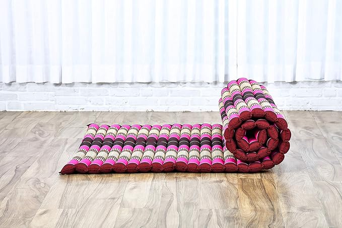 Leewadee - Kapok Roll Mat – Handcrafted Folding Sleep & Relaxation Mattress from Thailand, Ideal as Guest Bed, Camping Mat, Yoga Mat or Traditional Futon, 75 x 39 inches, Auburn Pink - Bloomnest