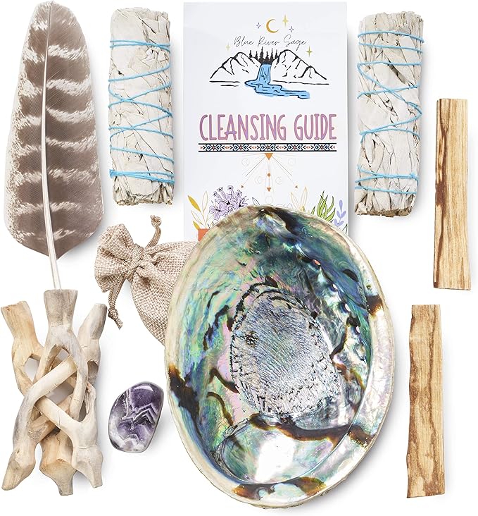 Blue River Sage Smudging & Energy Cleansing Kit with Amethyst, White Sage, Palo Santo, Abalone Shell, Stand & Guide (Regular) BLUE+RIVER+SAGE