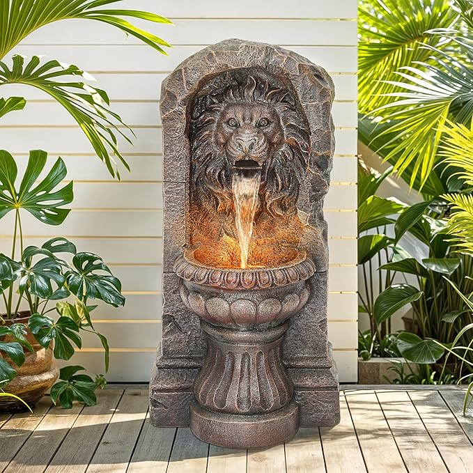 30in Outdoor Water Fountain with LED Lights, Majestic Bronze Lion Sculpture Garden Fountain, 2-Tier Pedestal Waterfalls, Durable Resin Water Feature for Yard, Patio or Porch Decor