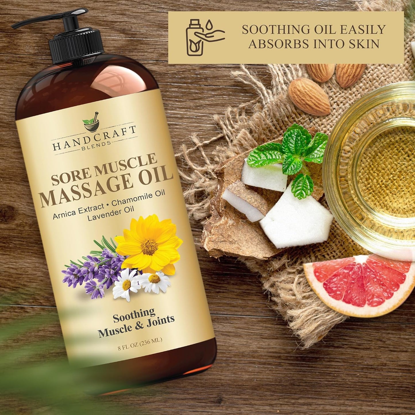 Handcraft Blends Sore Muscle Massage Oil 8 Fl Oz - Moisturizing Body Oil for Massage Therapy - Made with Arnica Extract, Chamomile, Lavender, Peppermint Oils