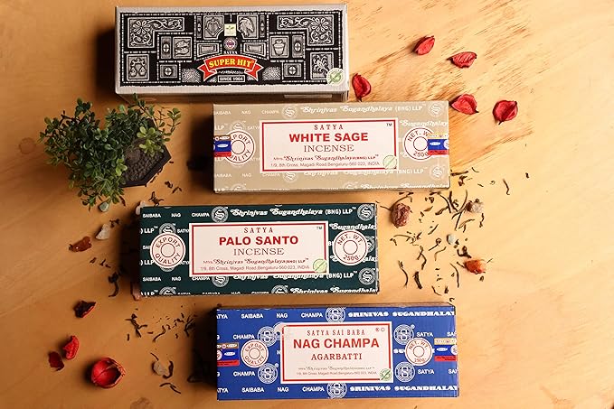 Earth Satya Incense Sticks Set of 4 - Nag Champa, Super Hit, White Sage, Palo Santo 250 GMS (Green Certified)- Hand Rolled Incense Sticks Earth