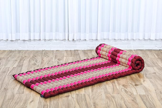 Leewadee - Foldable Floor Mattress - Japanese Roll Up Futon -Trifold Tatami Mat- Guest Floor Bed - Camping Mattress - Thai Massage Mat, Kapok Filled, 75 x 28 inches, Auburn Pink - Bloomnest