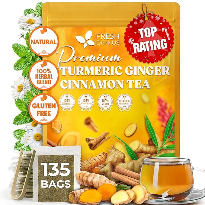 FreshDrinkUS, Premium Turmeric Ginger Cinnamon Tea Bags | 135 Tea Bags | Herbal Spice Tea Blend, Naturally Caffeine Free, Warm & Aromatic Flavor, 100% Natural Ingredients, Convenient Tea Bags - Bloomnest