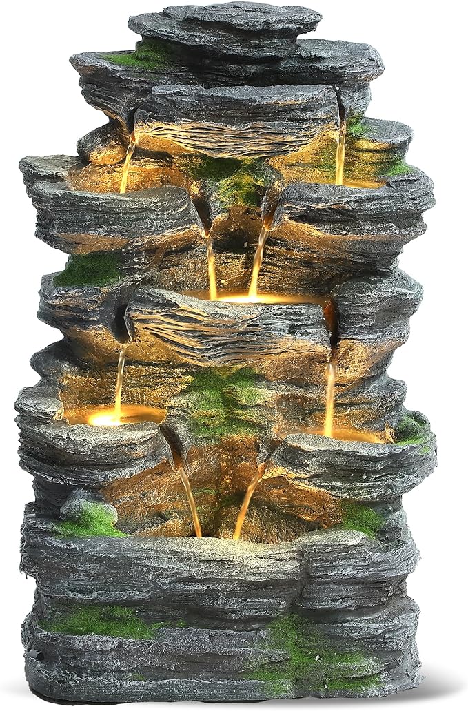 Grepatio Outdoor Water Fountain 7 Tier Cascading Rock Waterfalls Fountains with LED Lights and Pump Indoor/Outdoor Modern Floor Standing Garden Water Fountain for Yard, Patio, House Decor - Bloomnest
