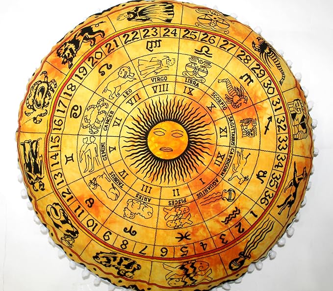 CRAFT KALA 32" Round Large Round Bohemian Floor Pillow Pouf Cover Mandala Meditation Room Pillow Cover for Adults Boho Seating Poufs Cushion Cover for Kids Playroom Yellow Zodiac - Bloomnest