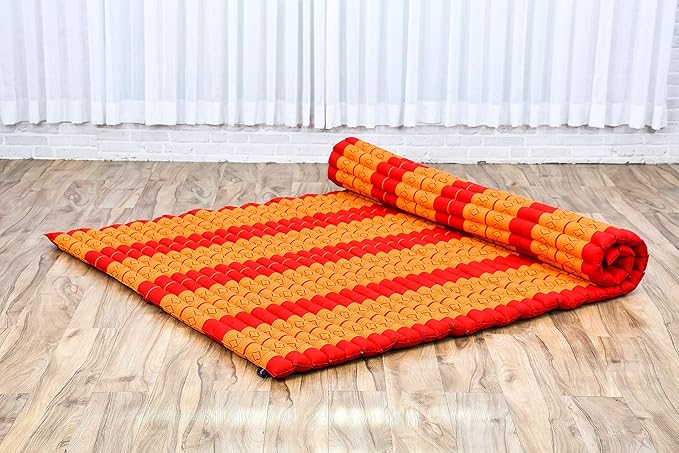 Leewadee - Foldable Floor Mattress - Japanese Roll Up Futon -Trifold Tatami Mat- Guest Floor Bed - Camping Mattress - Thai Massage Mat, Kapok Filled, 75 x 57 inches, Orange Red - Bloomnest