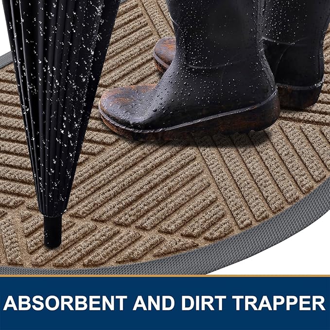 Smiry Half Circle Front Door Mat Outside Entrance, Heavy Duty Sturdy Natural Rubber Doormat, Trap Dirt and Moisture, Low Profile Mats for Indoor Outdoor Entry, Irregular Triangle (36x24, Brown) - Bloomnest