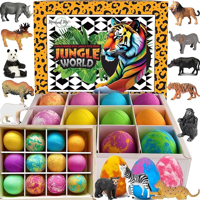 Bath Bombs for Kids with Surprise Inside- 12 pk Kids Bath Bombs with Jungle Toys, Organic, Natural, Skin-Moisturizing Bubble BathBombs. Stocking Stuffers Christmas Gifts for Boys, Girls, Toddlers - Bloomnest