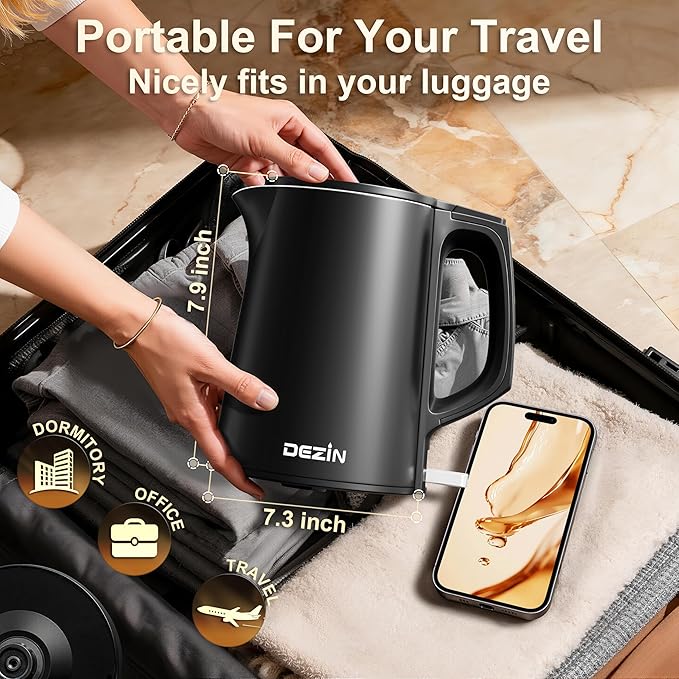 Dezin Electric Kettle, 0.8L Small Electric Kettle with Double Wall Construction, 304 Stainless Steel Electric Tea Kettle for Business Trip, Portable Travel Kettle with Auto Shut-Off (Without Cup) - Bloomnest