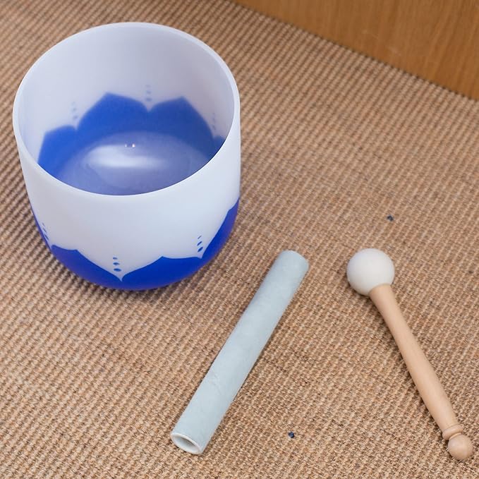 Leize Quartz Crystal Singing Bowl 432hz A Note Third Eye Chakra Indigo Lotus Design 7" Wide with Suede Striker - Bloomnest