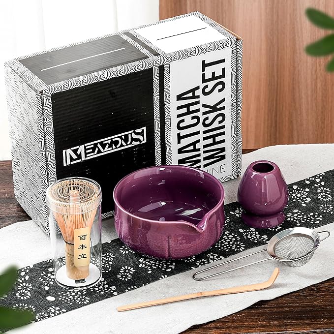 Matcha Whisk Set – 5 Piece Japanese Matcha Tea Set w/Ceramic Matcha Bowl, 100-Prong Bamboo Whisk & Holder, Scoop, & Stainless Sifter – Traditional Matcha Making Kit (Midnight Purple) - Bloomnest