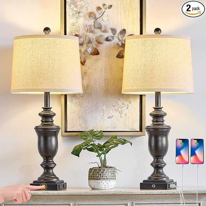 27.5" Set of 2 Farmhouse Table Lamps for Bedroom, 3 Way Dimmable Bedside Lamp with 2 USB +AC Outlet Nightstand Lamps for Living Room Resin Rustic Touch Lamps (Antique Black) - Bloomnest