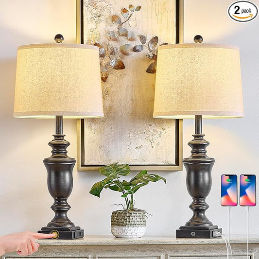 27.5" Set of 2 Farmhouse Table Lamps for Bedroom, 3 Way Dimmable Bedside Lamp with 2 USB +AC Outlet Nightstand Lamps for Living Room Resin Rustic Touch Lamps (Antique Black) - Bloomnest