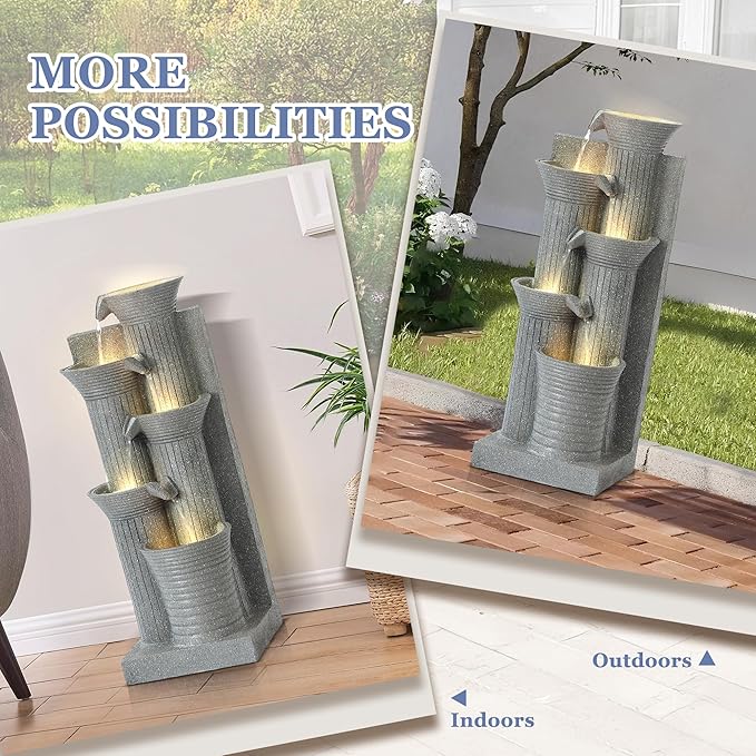 Grepatio Garden Water Fountain, 5 Tier Outdoor Cascading Waterfalls Fountains with LED Lights and Pump Indoor Modern 24" H Floor Standing Water Fountain for Garden, Patio, House Decor (Light Grey) - Bloomnest
