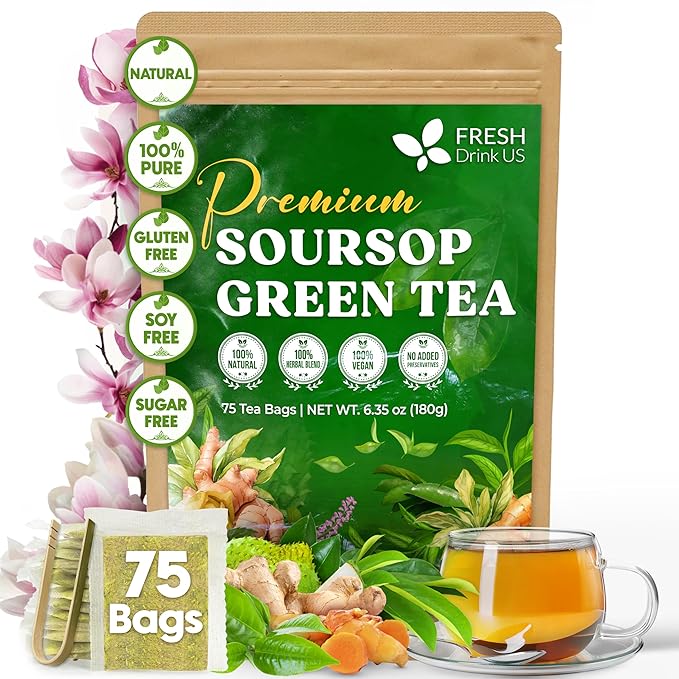 FreshDrinkUS, Premium 75 Tea Bags Soursop Green Tea, 100% Natural & Proprietary Blend from Soursop Leaves and Green Tea. Smooth Flavor. Made with Eco-Conscious Tea Bags. No Additives No Sugar, Vegan. - Bloomnest