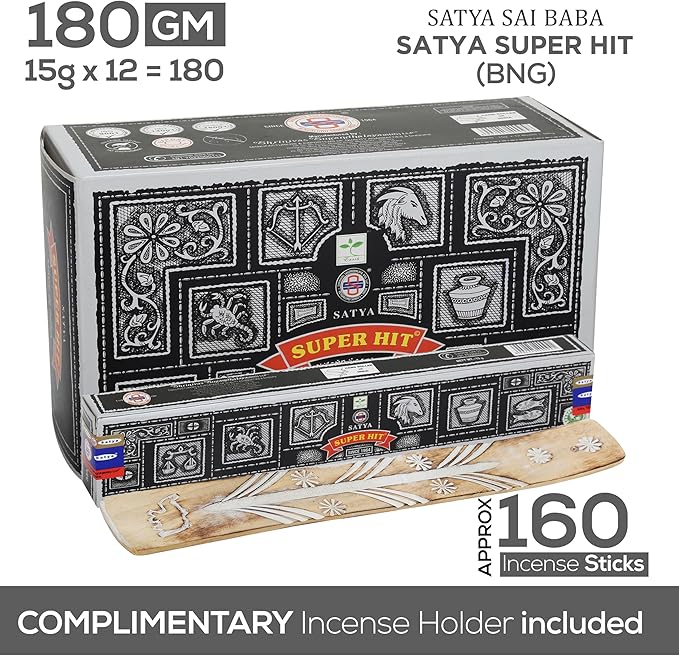 Satya Super Hit Incense Sticks, Satya Bng (Bangalore) Insenses 15gmx12 Pack with Raajsee Incense Holder Bundle, Satya Nagchampa Natural Incense - Bloomnest