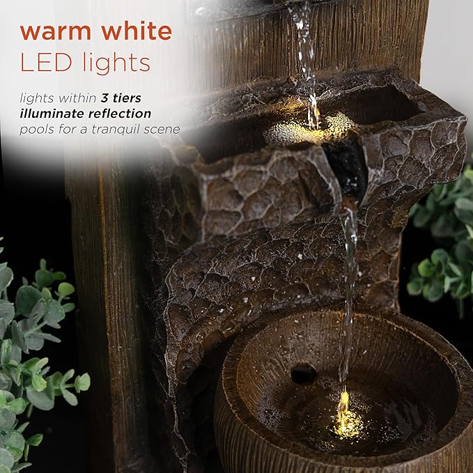 Alpine Corporation ZDQ108 Indoor/Outdoor Floor 3-Tier Fountain with LED Lights, Cascading Garden Water Fountain, 20" H, Brown - Bloomnest