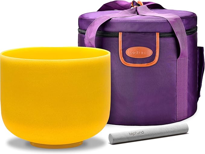 TOPFUND 440Hz Yellow E Note Crystal Singing Bowl Solar Plexus Chakra 10 inch with Heavy Duty Carrying Case and Suede Mallet