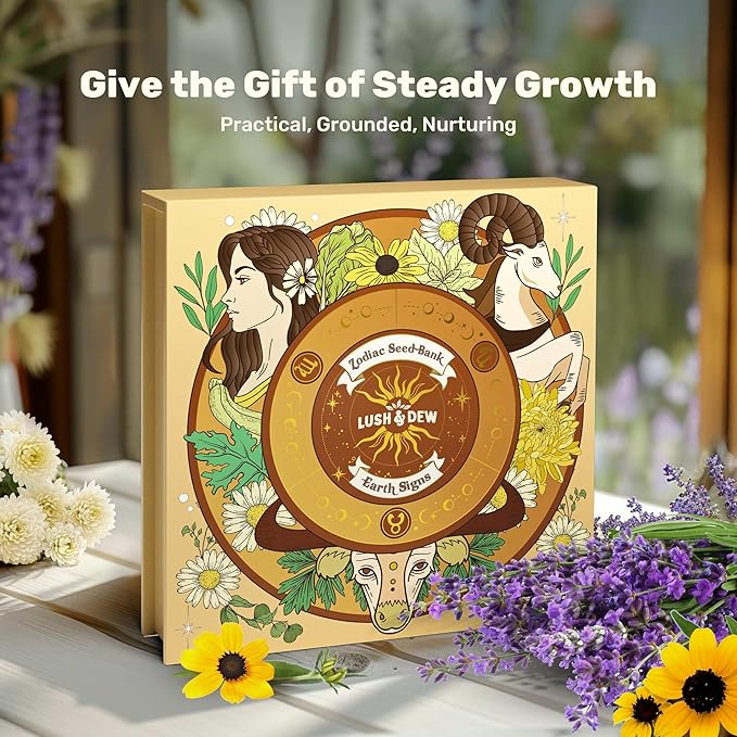 LUSH&DEW Zodiac Garden Seed Bank, 12 Varieties Non-GMO USA-Sourced Heirloom Herb Flower Seeds with Moon Calendar, Gardening Gift for Women Men, Witchcraft Supplies, Earth Sign (Taurus Virgo Capricorn) - Bloomnest
