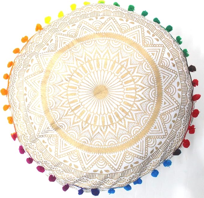 ICC Floor Pillows & Cushion covers Decorative Hippie Mandala Pouf Pillow covers Seating Meditation Cushion Cover Large Boho Ottoman Case Pillowcase Couch White Gold Matellic 16" Round - Bloomnest