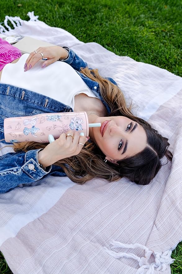 Zak Designs Disney Sutton Travel Tumbler for On the Go, 30oz Stainless Steel with Vacuum Insulation, Silicone Straw, and Carry Handle for Cold Drinks (Stitch, Angel) - Bloomnest