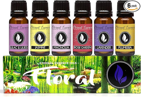 Eternal Essence Oils Floral Set of 6 Premium Fragrance Oils - Lavender, Lilac Lillies, Jasmine, Plumeria, Rose Garden, Magnolia Scented Oil - for Diffusers, Candle & Soap Making, & Aromatherapy - Bloomnest