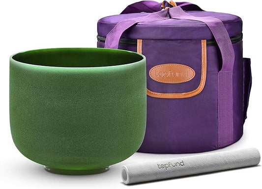 TOPFUND Green F Note Crystal Singing Bowl Heart Chakra 10 inch with Heavy Duty Carrying Case and Suede Mallet
