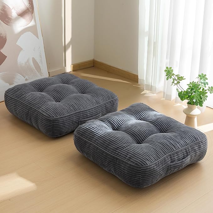 6" Washable Floor Pillow Cushion for Adults, Meditation Cushion Pillow, Large Square Floor Sitting, Removable Tufted Corduroy Cover, for Tatami Living Room or Yoga, 22x22 Inch, 2Pack, Machine Washable - Bloomnest